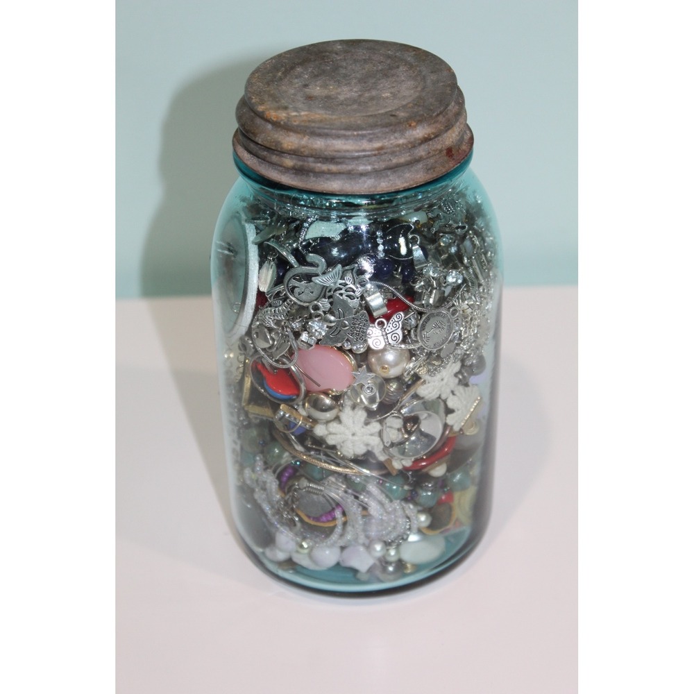 Vintage Mystery‎ Jewelry Jar 3lb+ Blue Ball Mason Jar Costume Jewelry Lot Mixed